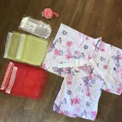 子供用　浴衣セット　(帯2本、帯芯、髪飾り付き) ピンク&パープル系