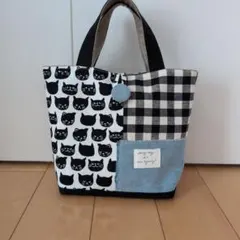 猫柄×チェック×デニム　ハンドメイド　トートバッグ
