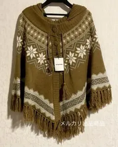 レディース ニット ポンチョ フード ノルディック柄 茶色 ブラウン 冬物 新品