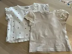 プティマイン　ホワイトハート模様Tシャツ＆ベージュフリルTシャツセット