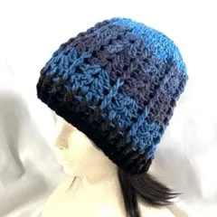 ⑦青黒グラデーション　ニット帽　バケットハット　アクリル　ハンドメイド