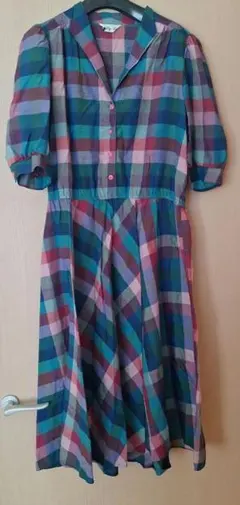 アメリカ　ヴィンテージ古着　チェック柄 半袖シャツワンピース ロング