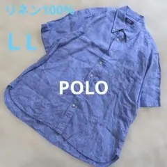 POLO リネン100%　ボタンダウン 半袖シャツ 爽やかブルー　LL　ロゴ刺繍のサムネイル