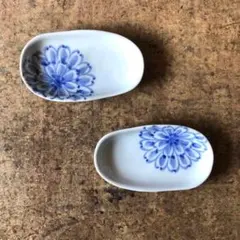 波佐見焼 古染菊楕円豆皿　2枚