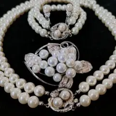 貝パール 8mm 2連 ネックレス ブレスレット イヤリング ブローチ j78