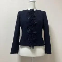 日本製　ハナエモリ　森英恵　ノーカラージャケット　ツイード　ネイビー　冬　春