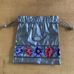 FEILER花柄刺繍 巾着ポーチ グレー