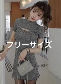 darith リボンシャーリングギンガムミニワンピース　ブラック　フリー