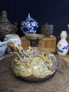 希有 壺屋焼　浮彫雲龍文　酒器　沖縄　民藝　龍 陶器 徳利 骨董品 アンティーク