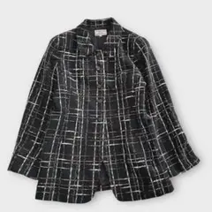 モヘヤ混ツイードライクジャケット ミドル丈 上品 高見え 黒系 LL レディース
