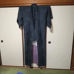 一重の手縫い青色 雲と花模様 着物