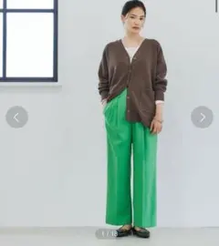 【グリーンレーベルリラクシング】サキソニー ワイド パンツ　ウールXS グリーン