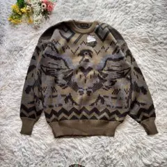 【新品】セーター　ニット　メンズ　【F】　ブラウン　総柄　ウール混　韓国製