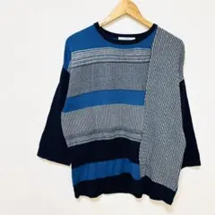 【パーリッシィ】綿100%マルチボーダー柄クルーネックニット　フリー　青ブルー系のサムネイル
