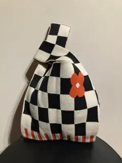 未使用 チェック柄 ハンドバッグ オレンジ花 ミニバッグ ニットバッグ