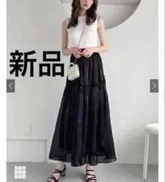 新品！ドット柄オーガンジーティアードスカート　ブラック