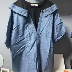 デニムブルー 半袖オーバーサイズシャツ L