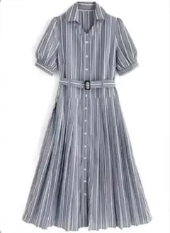 GRL ベルト付きストライプ柄プリーツ切替シャツワンピース pu09