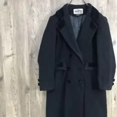 人気カラー　ヴィンテージ　ロングコート　ウールコート　くるみボタン　黒　H2