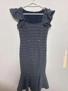 チェック柄フリル袖ロングワンピース