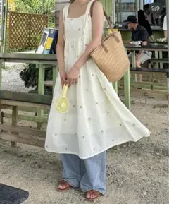 ホワイト 花柄刺繍 ワンピース