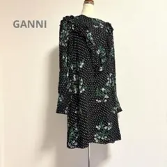 GANNI ドット柄 フリル 長袖 ワンピース ブラックのサムネイル