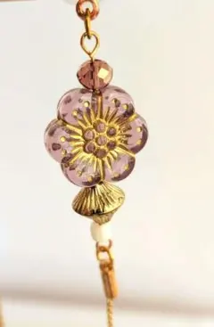 ピアス パープル 花 フラワー モチーフ ロング チェーン ビーズ