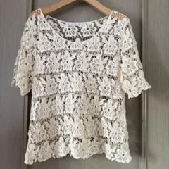 かぎ編み トップス ホワイト 半袖 透かし編み レーストップス フラワーレース