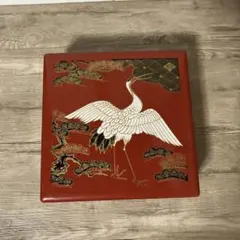 D-4 【訳あり】朱塗り 一段重 重箱 鶴 蒔絵 漆器 縁起物 お正月 お祝い