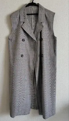 チェック柄 ロングジレ ベスト ダブルボタン ノースリーブ