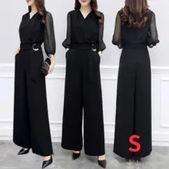 卒園卒業式結婚式キレイめフォーマルブラック シースルー袖 パンツセットアップ S