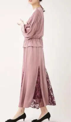 ナノユニバースロングワンピパーティードレス結婚式ピンク無地レース七分袖