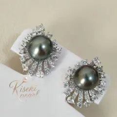 本真珠　南洋黒蝶真珠　タヒチパール9.5㍉ダークグリーン鏡面テリ　S925ピアス