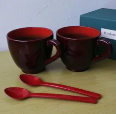 沖縄工芸品 琉球漆器 コーヒーカップ &ソーサー ペアセット スプーン付き 美品 沖縄工芸品 琉球漆器 コーヒーカップ &ソーサー ペアセット スプーン