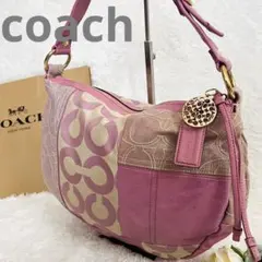 COACH パッチワーク ワンショルダーバッグ シグネチャー ピンク チャーム付