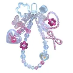 ビーズストラップ クリア ピンク キラキラハート じゃらじゃらキーホルダー