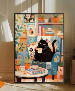 ミッドセンチュリー キャンバスポスター のんびりcoffee猫 30x40cm