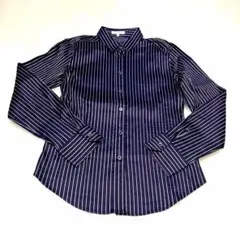 今だけ価格。未使用品。ナラカミーチェ伸縮性パープルグレーストライプ柄綿混ブラウス