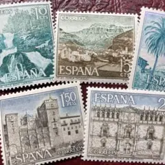 29071お勧め2点限→残1  外国切手未使用　スペイン発行凹版風景建築物5種揃