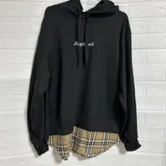 黒レディースパーカー ♡裾チェック柄付き