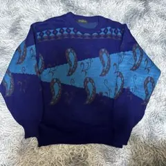 90s風 レトロ総柄ニット セーター ペイズリー柄 ネイビー 古着 ヴィンテージ