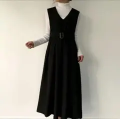 JUNOAH Vネック ジャンスカ サロペットスカート ロングワンピース