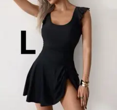 フリル付き黒ノースリーブミニワンピース バックレスドレス スリムUネック L