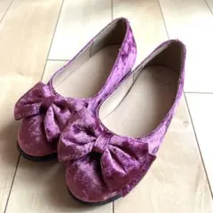 19センチ　フォーマル　フラットシューズ　ベロア ラウンドトゥ リボンパンプス