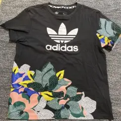 adidas Tシャツ ブラック 花柄 トレフォイル