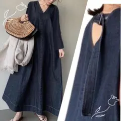 人気　デニム ワンピ ゆったり ロング Vネック 体型カバー 大人可愛い 美品