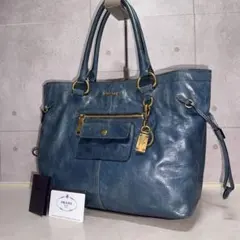 PRADA 2way ショルダーバッグ レザー グレーブルーヴィッテロ 