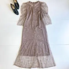Leja] スパンコール花柄パフスリーブマーメイドワンピースドレス S