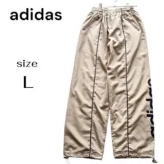 アディダス adidas ナイロンパンツ ワイド ストレート ロゴ L ベージュ