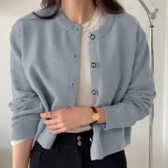 SHEIN 水色 カーディガン ショート丈 リボン柄ボタン